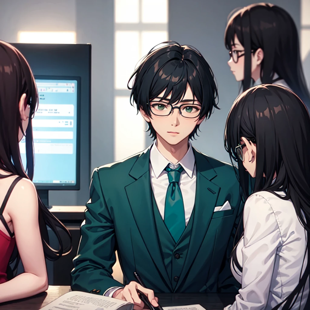 Green Suit Blue tie Glasses 23 years old male lawyer Black Hair One person