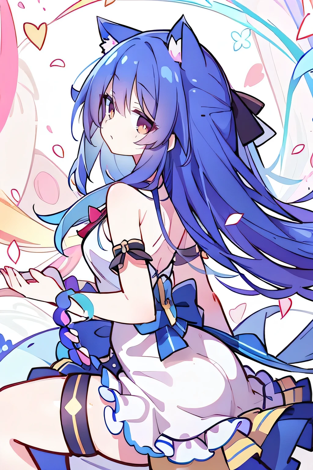 (masterpiece:1.2),Super detailed,lifelike,Expressive eyes,fair skin,perfect face shape,1 girl,
Japanese comics,Gorgeous blue hair,flowing blue hair,flowing clothes,Cat ears,Petals fall,beautiful lola,Baby Angel,
Shaking head with one hand,Cross your legs,,The pavilion is cool and comfortable,smile,back views,sunrise,Petals fall,sunrise