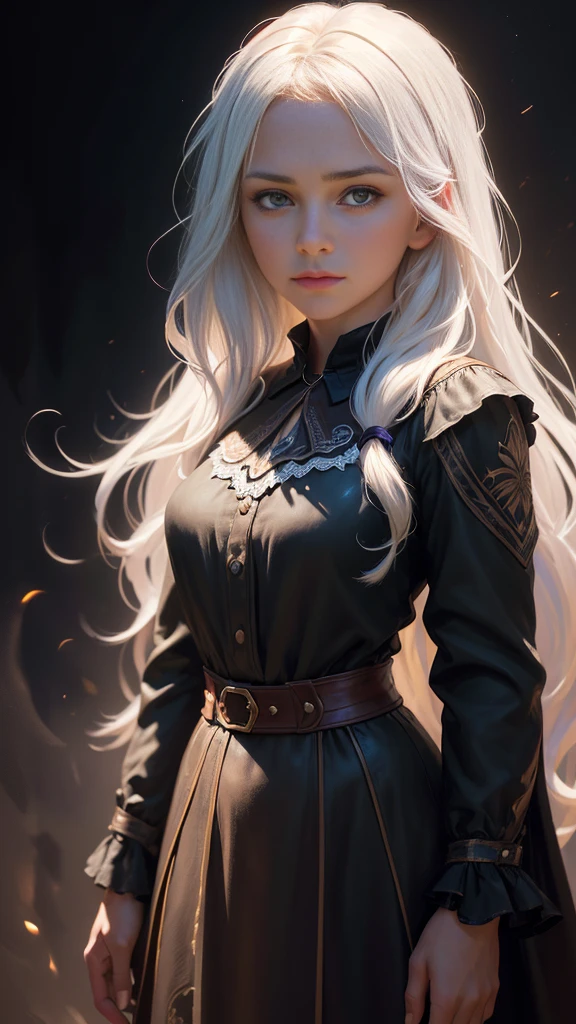 (front focus), (in the dark:1.6), Hyperrealist portrait of female by david hockney and alphonse mucha, fantasy art, photo realistic, dynamic lighting, artstation, poster, volumetric lighting, very detailed faces, 4 k, award winning, 1girl, in the dark, deep shadow, low key, cowboy shot, (official clothing:1.4), long hair, white hair
