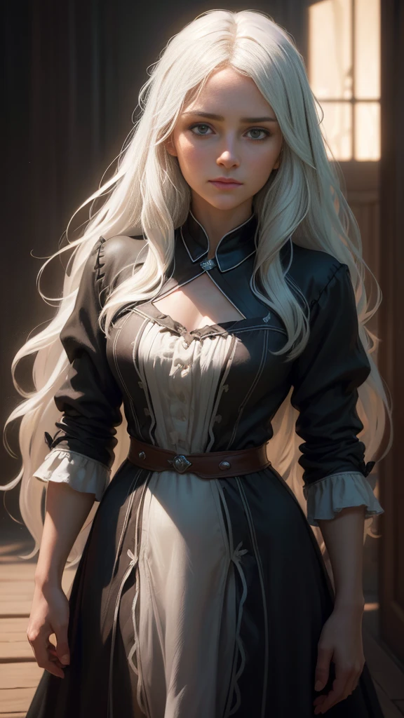 (front focus), (in the dark:1.6), Hyperrealist portrait of female by david hockney and alphonse mucha, fantasy art, photo realistic, dynamic lighting, artstation, poster, volumetric lighting, very detailed faces, 4 k, award winning, 1girl, in the dark, deep shadow, low key, cowboy shot, (official clothing:1.4), long hair, white hair