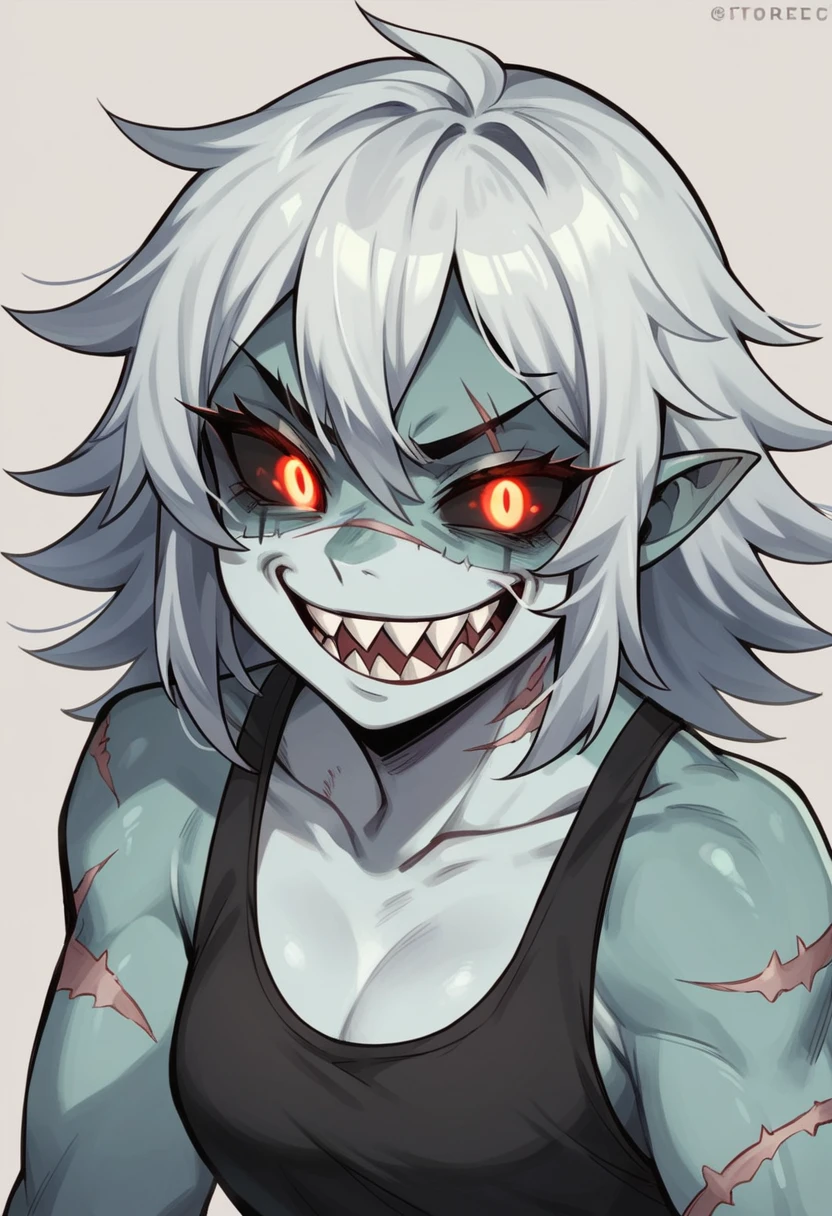 Anime zombie undead girl, slitched face, scars an face, black sclera, shark teeth, glowing eyes, smug face, vile, pale green-ish decayed skin, black tank top, eletric colar, cute