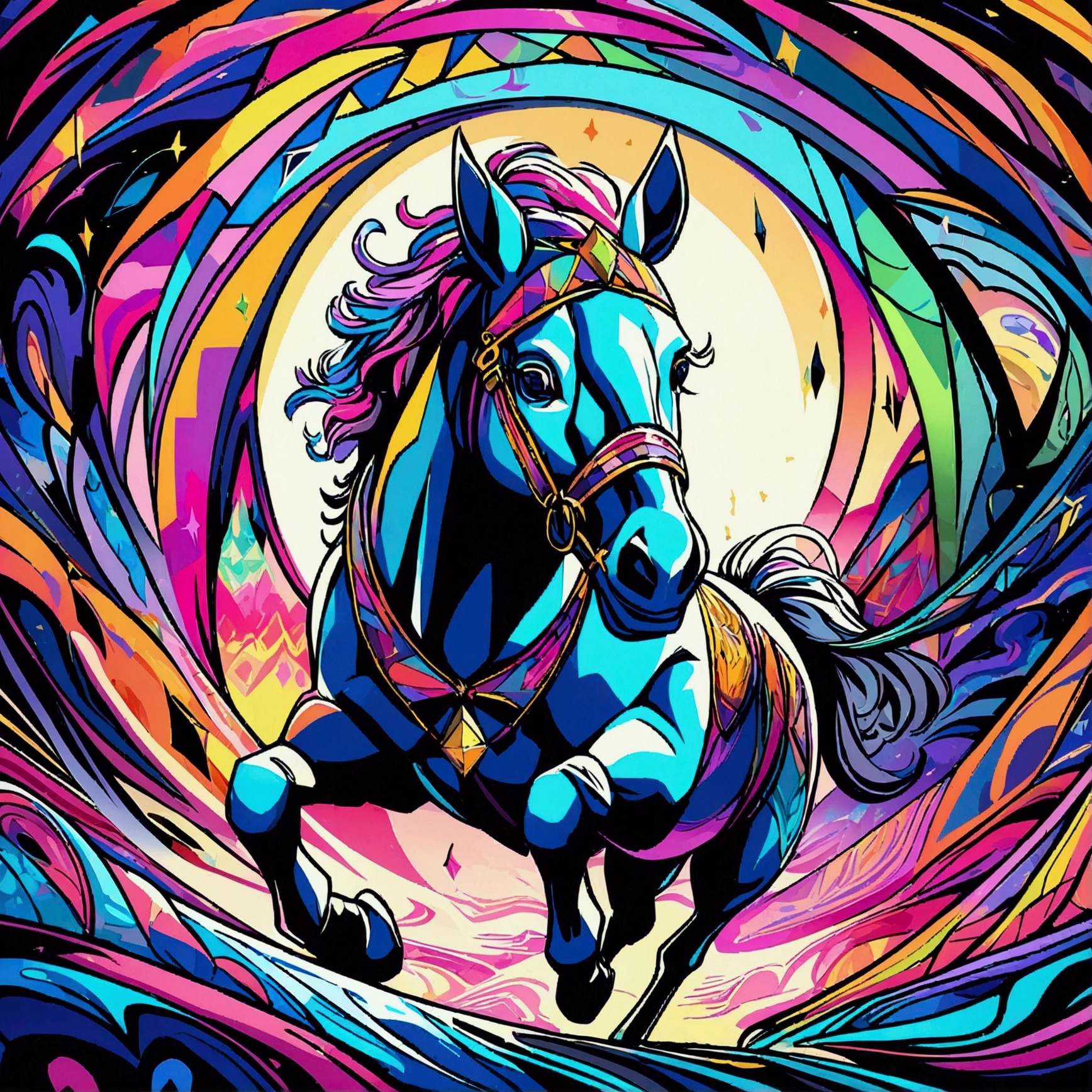 A dazzling, lively, award-winning masterpiece of a Horse galloping in a field. And excessive detail, Psychedelic style. Artline style black and white. Unleash your creativity with the golden ratio, And watch the magic come to life in 4K resolution, Professional cinematic image