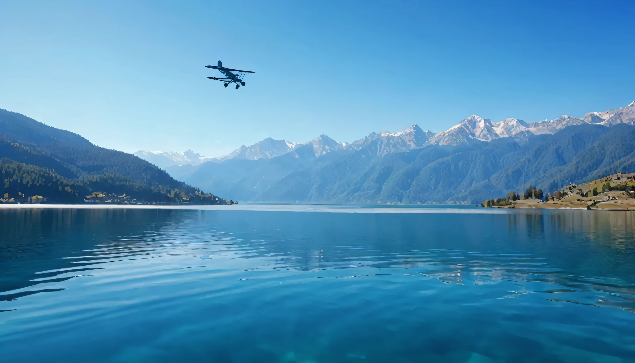 Photo a blue round transparent clear lake against the background of mountains with a propeller plane flying by in sunny weather 8 k