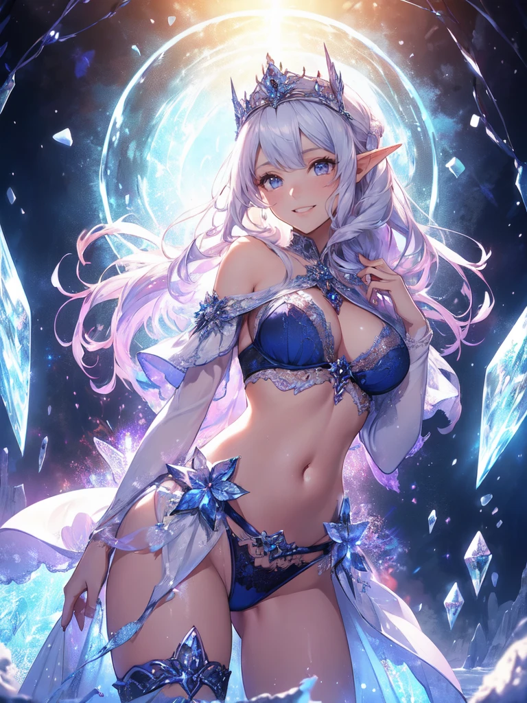 最high quality、1 woman elf facing forward、Succubus、(( cowboy shot ))((underwear))'((low angle1.5 ))、beautiful瞳、decision、sorrow、tears、tears、、beautiful装飾、brassiere、panty、Big ice tiara、Swirling Ice、Crystal of snow、A world made of ice、最high quality , fractal art.Ice Throne、ice World、bikini、beautiful胸、Large Breasts　((Laugh beautifully、))((Glowing ice　))SMqueen、beautiful顔、Orgasm、Ecstasy、beautiful装飾のブラジャー、Panties、World of Illusions、Ice crystals、Crystal of snow、Ice wall、ice World、Bigger on the front、 beautiful輝き,High-definition depiction, Realistic, 8k, Unity, beautiful太もも,,Giant Devil's Wings、虹colorに輝く翼、、 light smile, Beautifully and vividly drawn, , beautiful beautiful透き通る肌、輝くbeautiful装飾の魔法、、beautiful装飾、 , beautiful、 Romanticism,mosquito。 混沌の最もbeautiful形, Mr..々color, Intertwined flowers, P article,Magical gentle light,smile,,image quality、masterpiece、beautiful顔、Super beautiful elf woman((Big breasted 22 year old office lady、Bust 120,Beautiful long ironed hair、Silver Hair、height: 165cm。、Esbian、、high quality、、Visual Arts、最high quality、1 womanエルフ NP: Worst quality ,beautiful fractal art　、frozen、、light、Beautiful radiance,High-definition depiction, Realistic, 8k, Unity, , light smile, Beautifully and vividly drawn, , Beautiful, beautiful, clear skin、 Countless rays of light pouring down, Swirling Light, big background, , Intense light is emitted from the magic circle in front of the girl. Romanticism,Cowboy Shot:  最high quality　snow palace