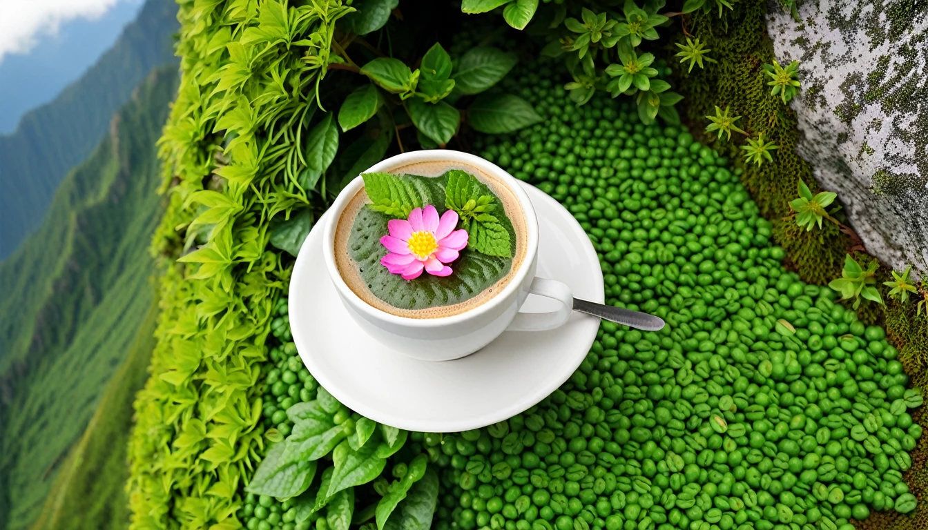 coffee cup ,mountain building covered with plants,and some stroberry and petal flower around the cup