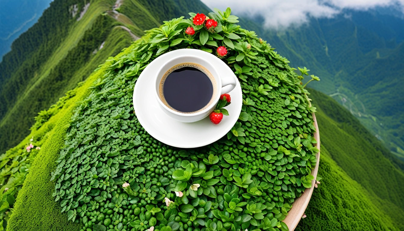 coffee cup ,mountain building covered with plants,and some stroberry and petal flower around the cup