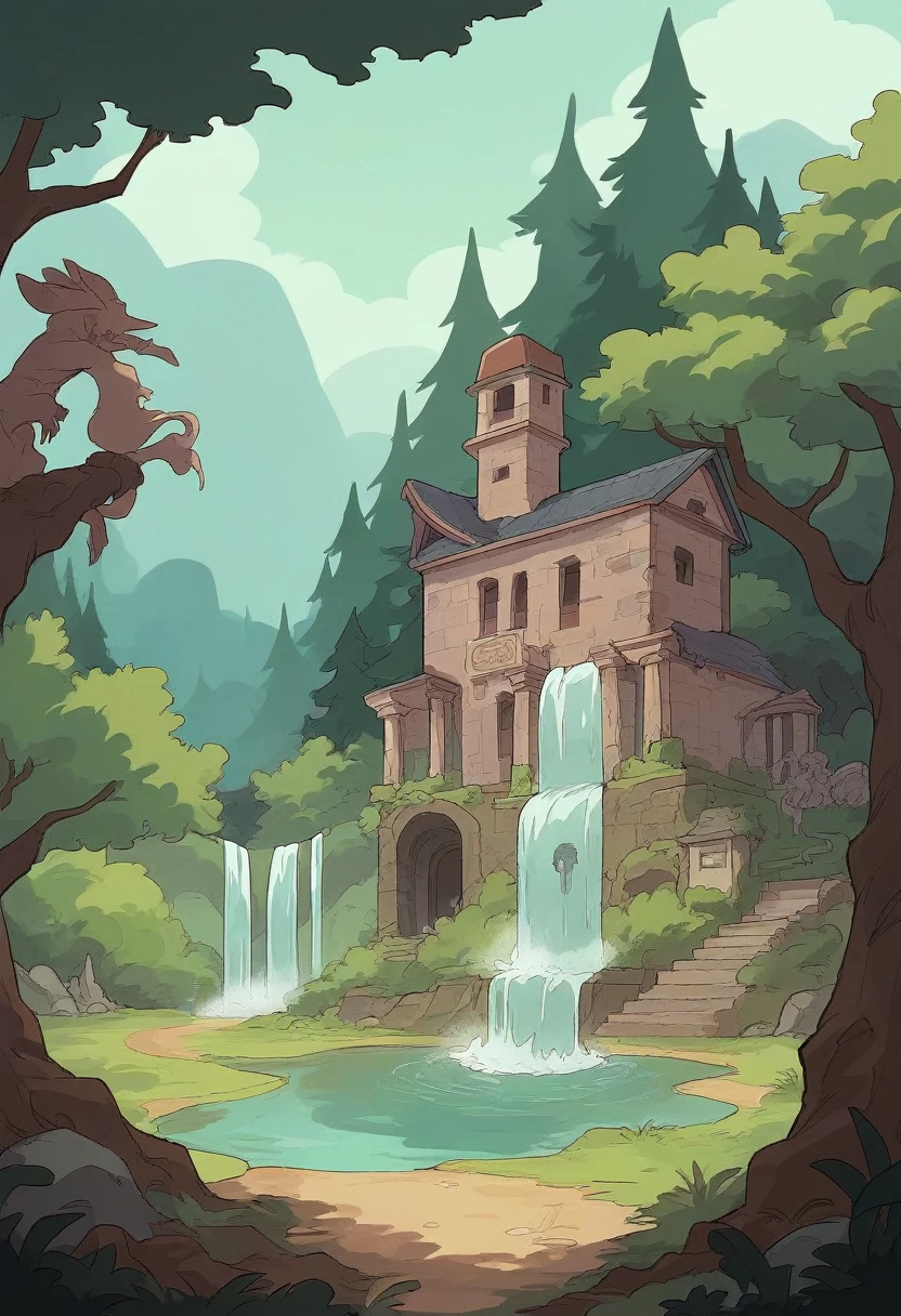 An ancient human-drawn map of a dark fairytale forest where all sorts of mythical creatures live.. There are 3 small rivers running through the forest and there is a waterfall near which there is an abandoned house.. There is a crystal clear lake in the forest. There is a dried up almost destroyed, a fountain entwined with a dose with a statue of the goddess who bestows magic.