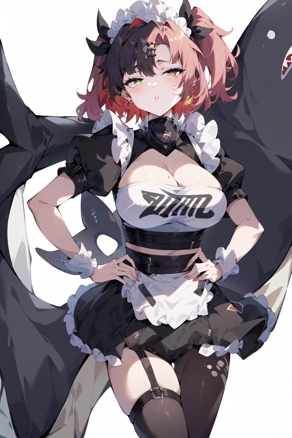 two woman kissing, 8k, best quality, masterpiece, (ultra-detailed:1.1), (one green eye:1.3), (high detailed skin), (full body:1.2), white background, standing, looking at viewer, (solo:1.4), hand on hip, nike, 1girl, large breasts, hair ribbon, twintails, pink hair, tube top, midriff, black shorts, (single thighhigh:1.2), (white background, simple background:1.4), ( good hands, nice hands:0.5), (beautiful_face), ((intricate_detail)), clear face, ((finely_detailed)), fine_fabric_emphasis, ((glossy)), full_shot, ellenjoe, ellen joe, black hair, colored inner hair, multicolored hair, (one red eye:1.3), red hair, short hair, two-tone hair, BREAK bapron, black pantyhose, black shirt, black skirt, ear piercing, fins, fish tail, maid, maid apron, maid headdress, pantyhose, piercing, puffy short sleeves, puffy sleeves, shark girl, shark tail, shirt, short sleeves, skirt, tail, two-tone hair, wrist cuffs, BREAK outdoors, city, sky, clouds, sun, park BREAK looking at viewer, (cowboy shot:1.5), BREAK (masterpiece:1.2), best quality, high resolution, unity 8k wallpaper, (illustration:0.8), (beautiful detailed eyes:1.6), extremely detailed face, perfect lighting, extremely detailed CG, (perfect hands, perfect anatomy)