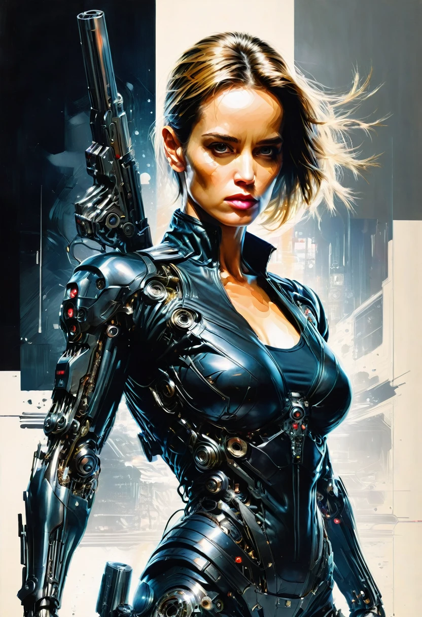 Sarah Connor in the "Terminator" poster, woman clothing, by Dustin Nguyen, best quality, masterpiece, very aesthetic, perfect composition, intricate details, ultra-detailed