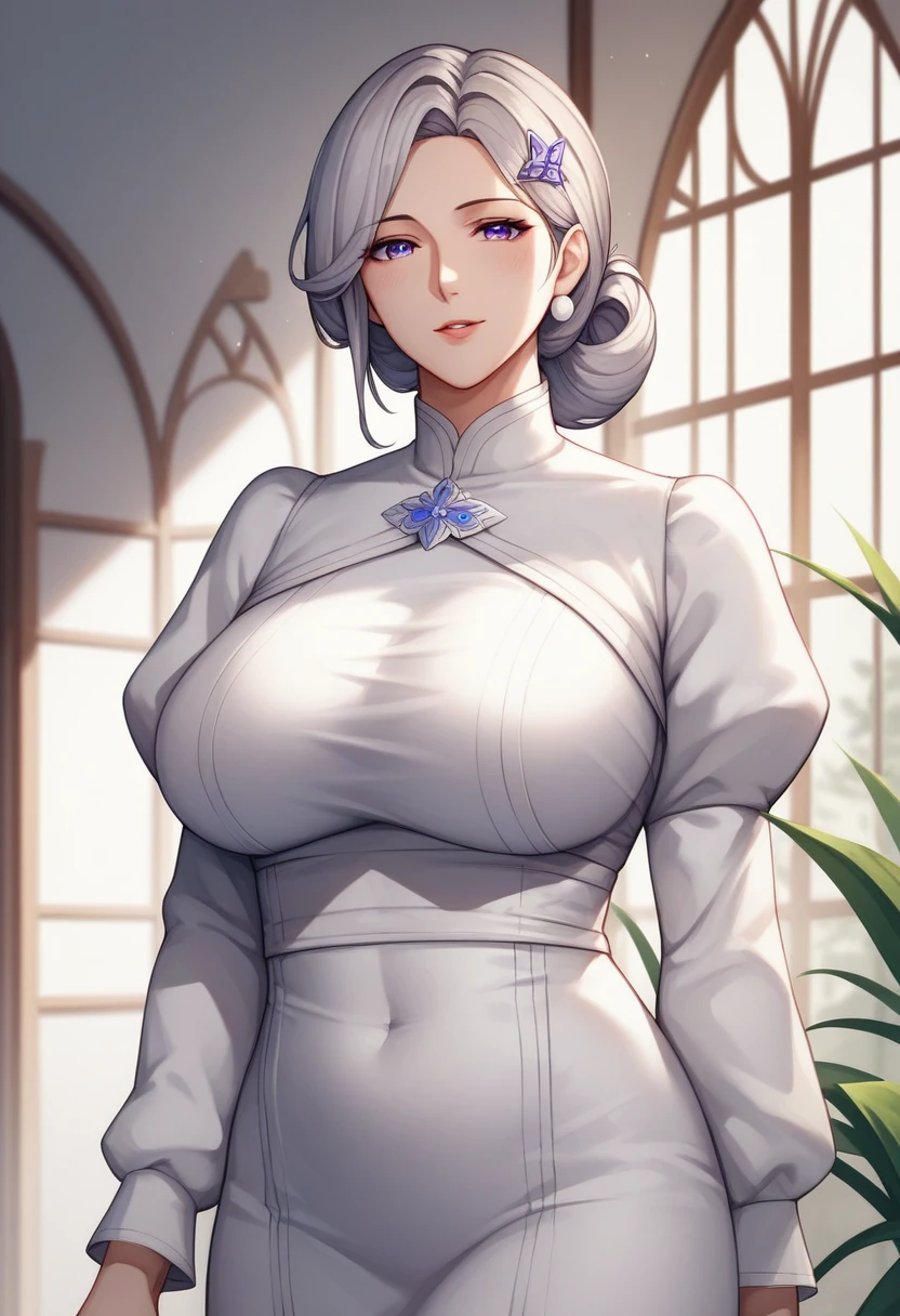 (masterpiece, best quality:1.2)((silver white hair))((violet eyes)),solo,1girl,((eyes tilted outwards)), standing_fox_ears, mature_female,milf,averting_eyes,hair_between_eyes,basic_blue_hairpin,bob_hair, jrpg_outfit, puffy_sleeves