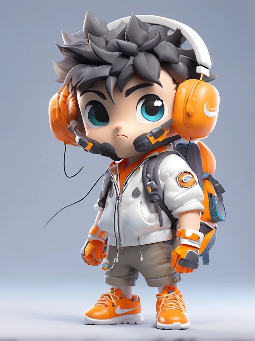 A handsome boy, MD clothing, trendy clothing, fluffy hair, exquisite facial features,Nike shoes, headphones, silver necklace,inflatable backpack, Orange series, cleanbackground, front view, movie lighting, lightand shade contrast, ip pop mart blind box,3d, C4D, oc rendering, chibi, behance, ultrahigh definition, best quality, 8k --AR 3:4 --niji 5 --style expressive White background