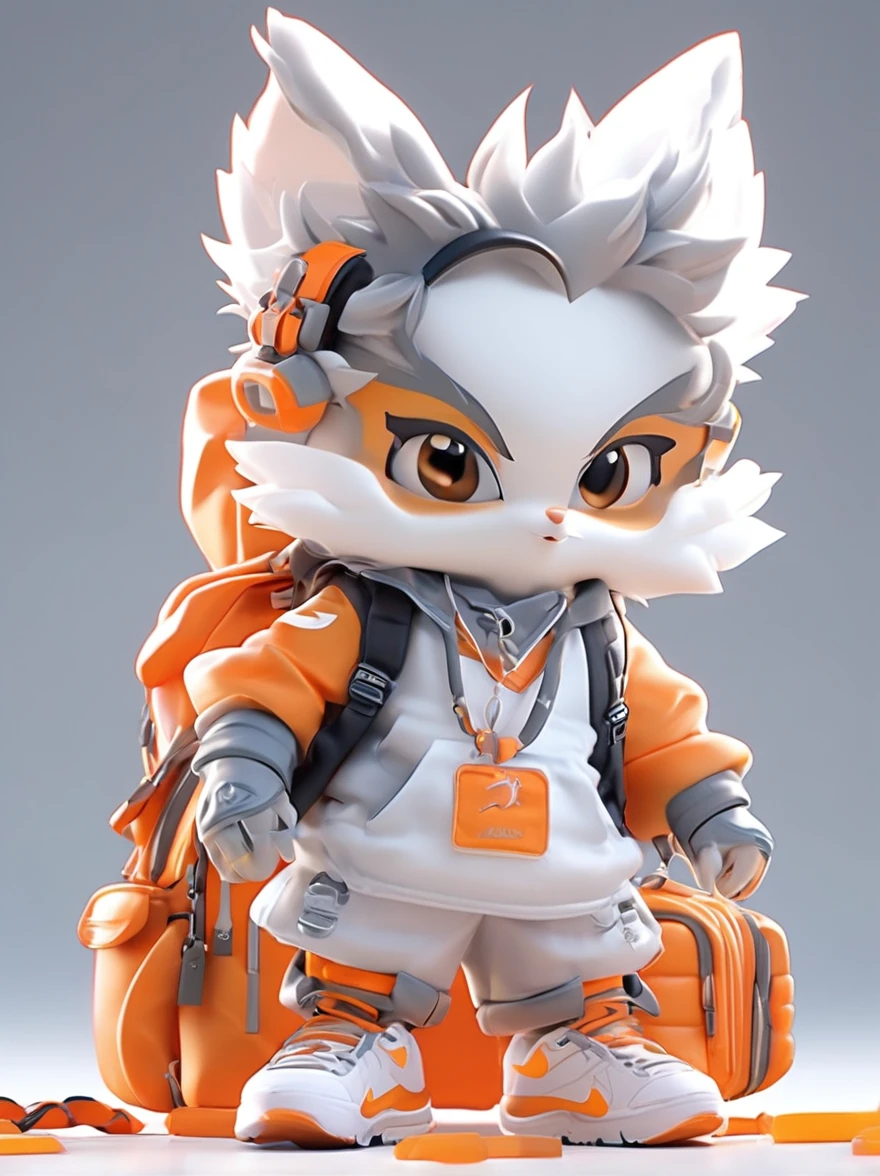 A handsome boy, MD clothing, trendy clothing, fluffy hair, exquisite facial features,Nike shoes, headphones, silver necklace,inflatable backpack, Orange series, cleanbackground, front view, movie lighting, lightand shade contrast, ip pop mart blind box,3d, C4D, oc rendering, chibi, behance, ultrahigh definition, best quality, 8k --AR 3:4 --niji 5 --style expressive White background