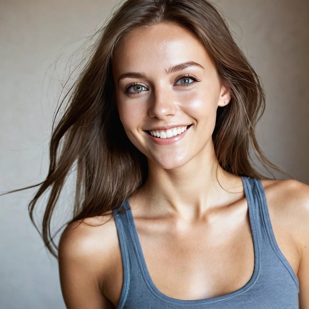 Beautiful woman from sweden, realistic eyes, realistic face, slim face, long brown hair, 20 years old, model, smiling, special camera angle, belly tanktop