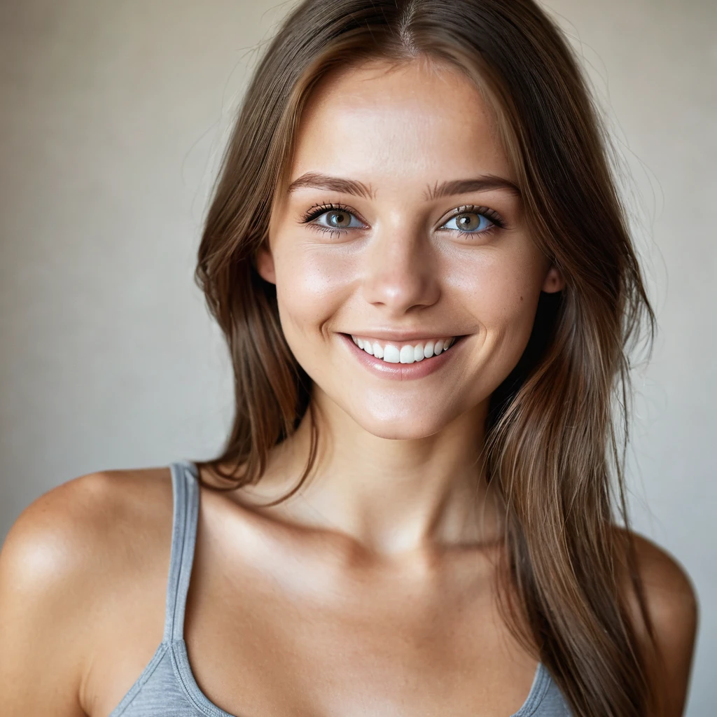 Beautiful woman from sweden, realistic eyes, realistic face, slim face, long brown hair, 20 years old, model, smiling, special camera angle, belly tanktop