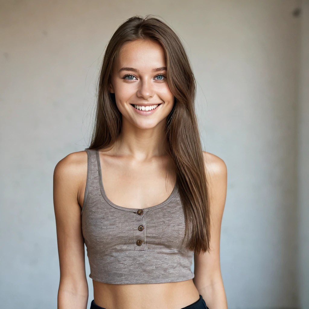 Beautiful woman from sweden, realistic eyes, realistic face, slim face, long brown hair, 20 years old, model, smiling, special camera angle, belly tanktop