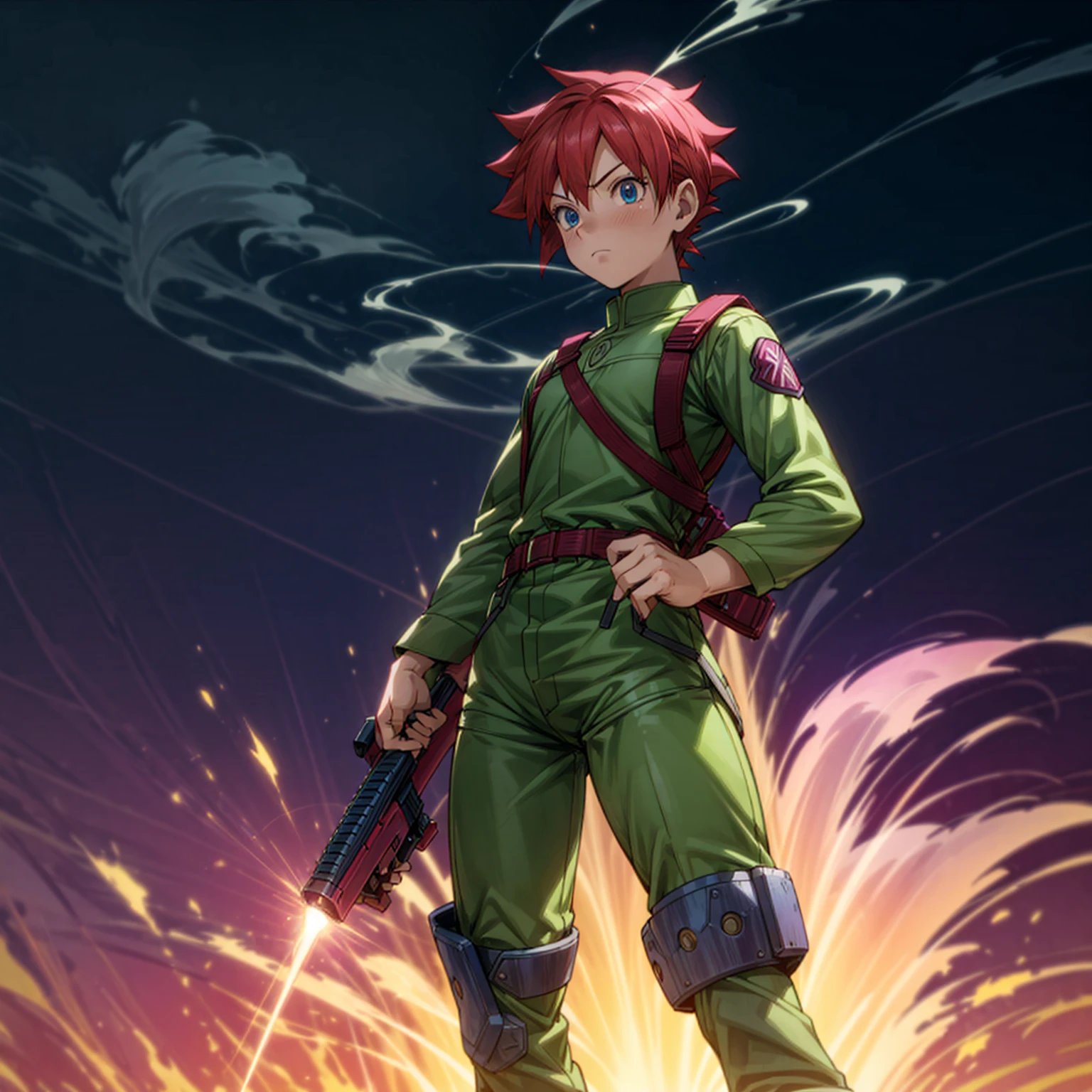 1boy, muscle, Full body version, 1character, blue eyes, short haircut, magenta color hair, Farmer style outfit, Boots, Grassroots, full background in field, motion blur, lighting, (Hunter x Hunter style art), big shotgun in hand, big weapon in hand, robot Shield in hand, smoke effect, fire effect, lighting on gun, plasma effect,