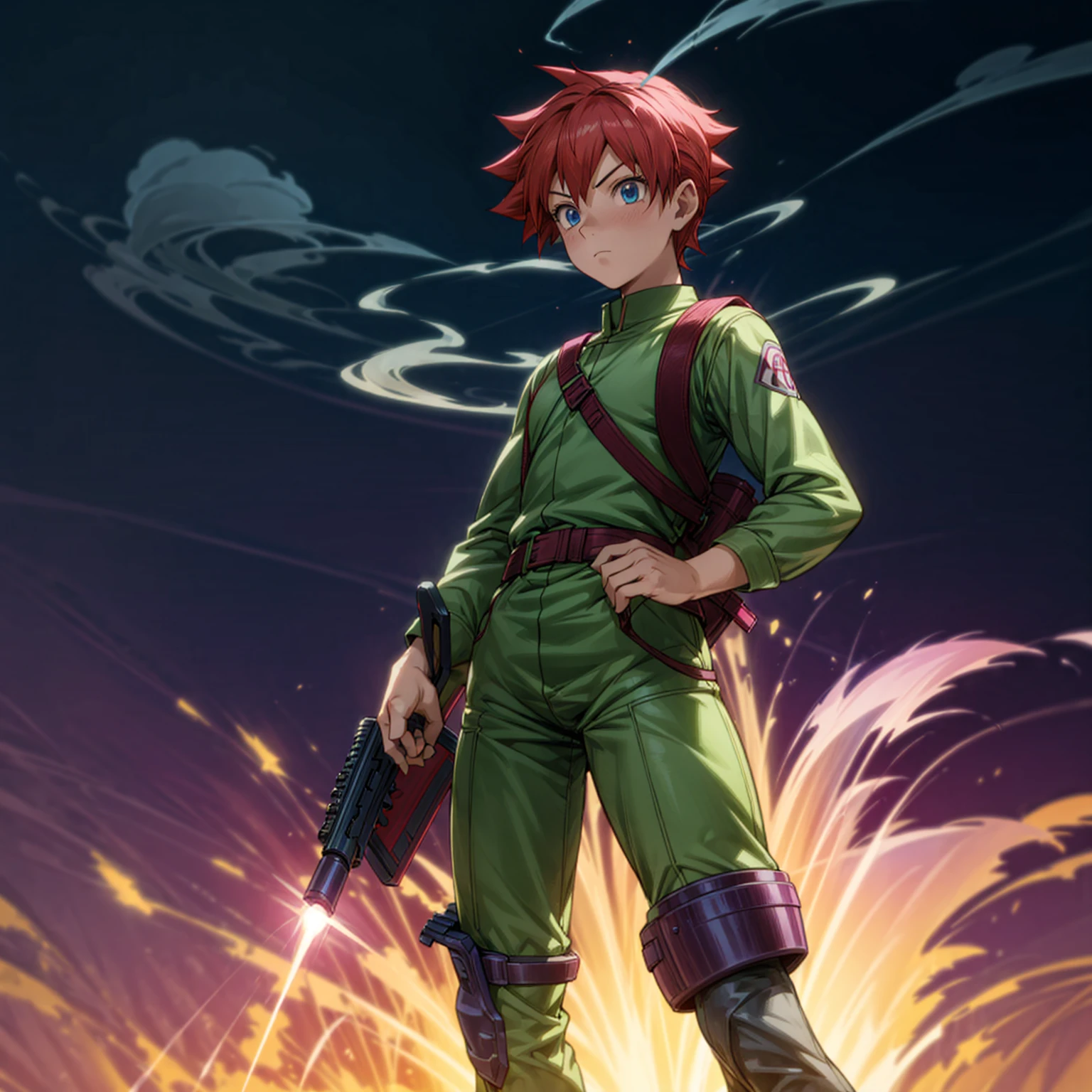 1boy, muscle, Full body version, 1character, blue eyes, short haircut, magenta color hair, Farmer style outfit, Boots, Grassroots, full background in field, motion blur, lighting, (Hunter x Hunter style art), big shotgun in hand, big weapon in hand, robot Shield in hand, smoke effect, fire effect, lighting on gun, plasma effect,