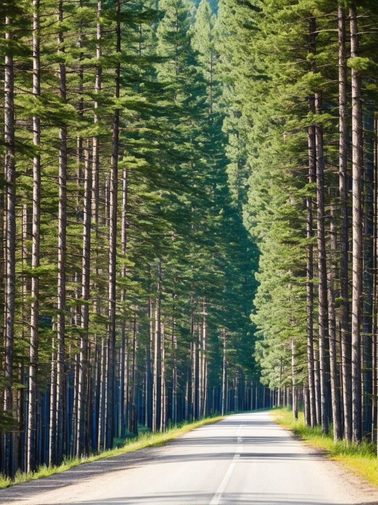 trees and grass on the side of a road near a lake, a picture by Jaakko Mattila, unsplash, hurufiyya, trees and pines everywhere, pine trees in the background, arrendajo in avila pinewood, beautiful swedish forest view, pine forest, caledonian forest, pine forests, in avila pinewood, trees in the background