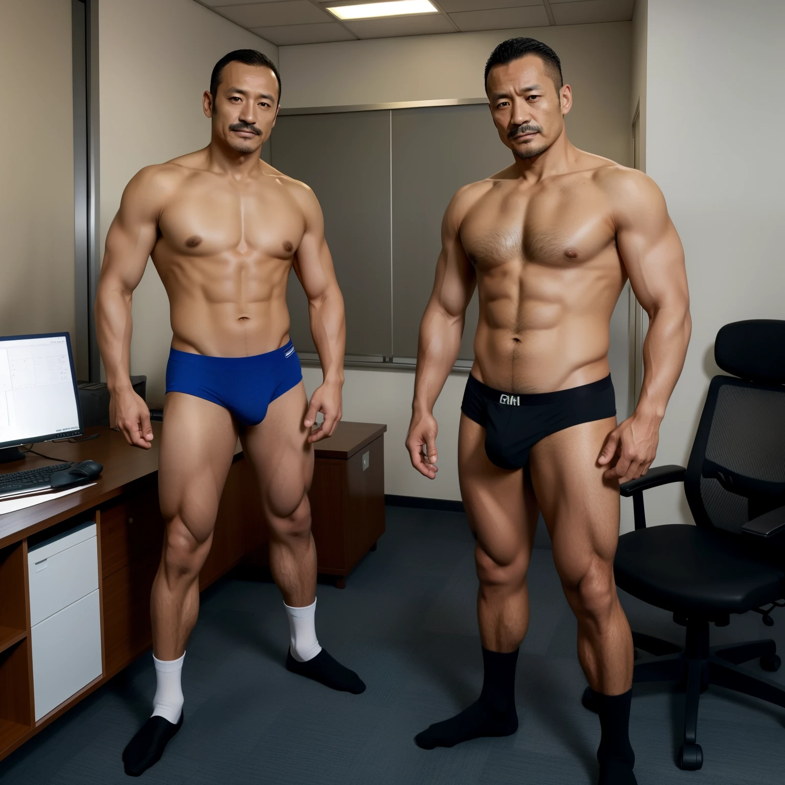 40 years old,Hidetoshi Nakata,(Kogoro Mori 1.3),whole body,Black socks,Two skinny muscular men standing,office,Thick body hair,Blue underwear,Topless,Densely hairy,Fortitude,HD,With a mustache,Polo shirt