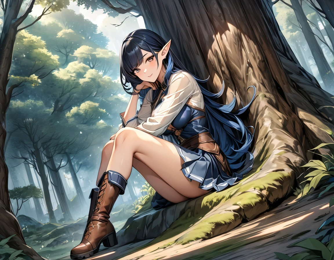 high quality, 4k, 8k, highres, HDR, UHD, masterpiece, ultra-detailed, a beautiful elf woman in a dark fantasy forest, sitting pose, legs toghether, creative angle, mature woman. short skirt, natural clothing, eld boots, extremely detailed face, medium long flowing hair, natural looking hair, rendered hair, dark blue hair, curious expression, sitting under a large tree, anime style, highly detailed, 8k, fantasy art, magical atmosphere, mossy ground, dark setting, demonic forest, dark eyes, rendered eyes, special eyes, pointed ears, detailed dress, intricate details, fantasy landscape, simple background