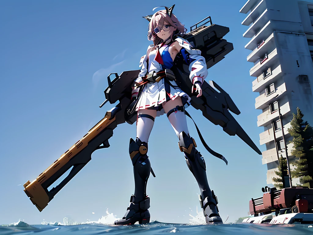 (((masterpiece, Vision))), ((((Full body of a woman with perfect flat chest、1 Female、solo、Short unkempt black hair、Tie your messy hair at the nape of your neck、white military jacket、Miko costume、black tights、Black glasses are black、White military cap、Cloudy black eyes、Confused eyes、Junyo-inspired emblem、Ship-style boots)))), (((Shipgirl))), ((Floating on the morning sea with both feet)), (Standing with your legs apart)), Aim, (Hold the shotgun turret grip with your right hand), (Four white mechanical dragons extend from its back.), (Equipped with a small hull with turrets on either side of the waist), (Equipped with a bridge on the back), (Left arm holds the grip of a double-barreled shotgun),