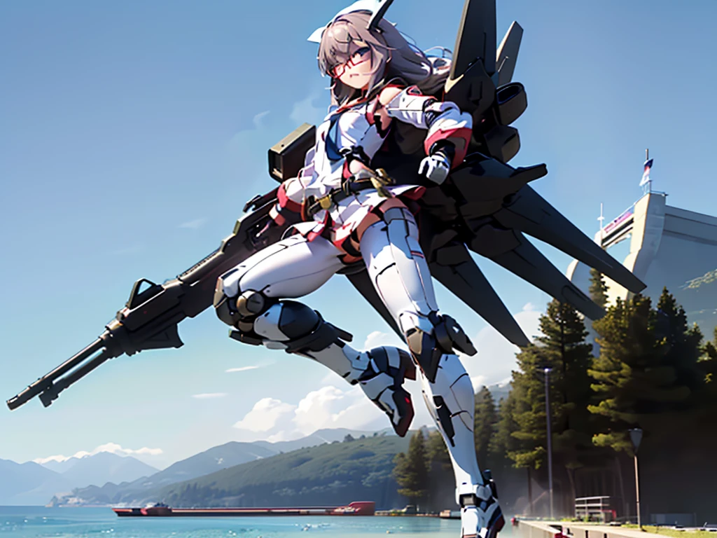(((masterpiece, Vision))), ((((Full body of a woman with perfect flat chest、1 Female、solo、Short unkempt black hair、Tie your messy hair at the nape of your neck、white military jacket、Miko costume、black tights、Black glasses are black、White military cap、Cloudy black eyes、Confused eyes、Junyo-inspired emblem、Ship-style boots)))), (((Shipgirl))), ((Floating on the morning sea with both feet)), (Standing with your legs apart)), Aim, (Hold the shotgun turret grip with your right hand), (Four white mechanical dragons extend from its back.), (Equipped with a small hull with turrets on either side of the waist), (Equipped with a bridge on the back), (Left arm holds the grip of a double-barreled shotgun),