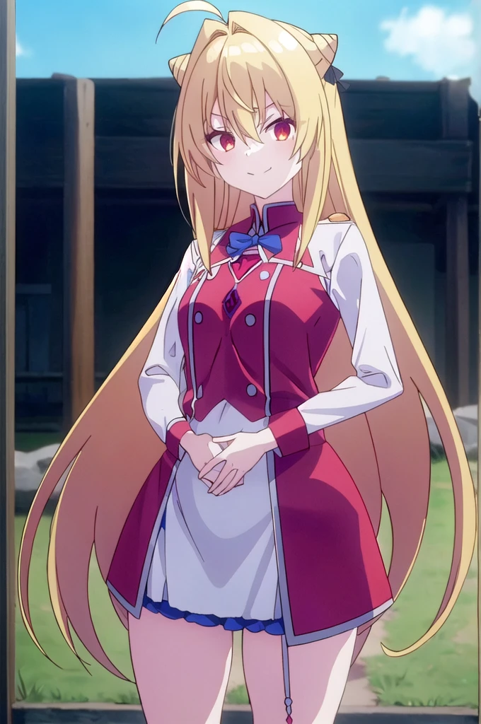 Long Hair, , Blonde, (Red eyes:1.2), Knee socks, very Long Hair, Ahoge, 弓tie, Hair Bun, white ニーソック blue 弓tie, cone Hair Bun, View your viewers, smile, Mouth closed, Outdoor, Highly detailed face, Perfect lighting, (Perfect hands, Perfect Anatomy), white Knee socks, , Are standing, View your viewers, Cowboy Shot, city, Spread your legs naked pregnancy Pregnant women Ahegao Bitch Inviting ejaculation