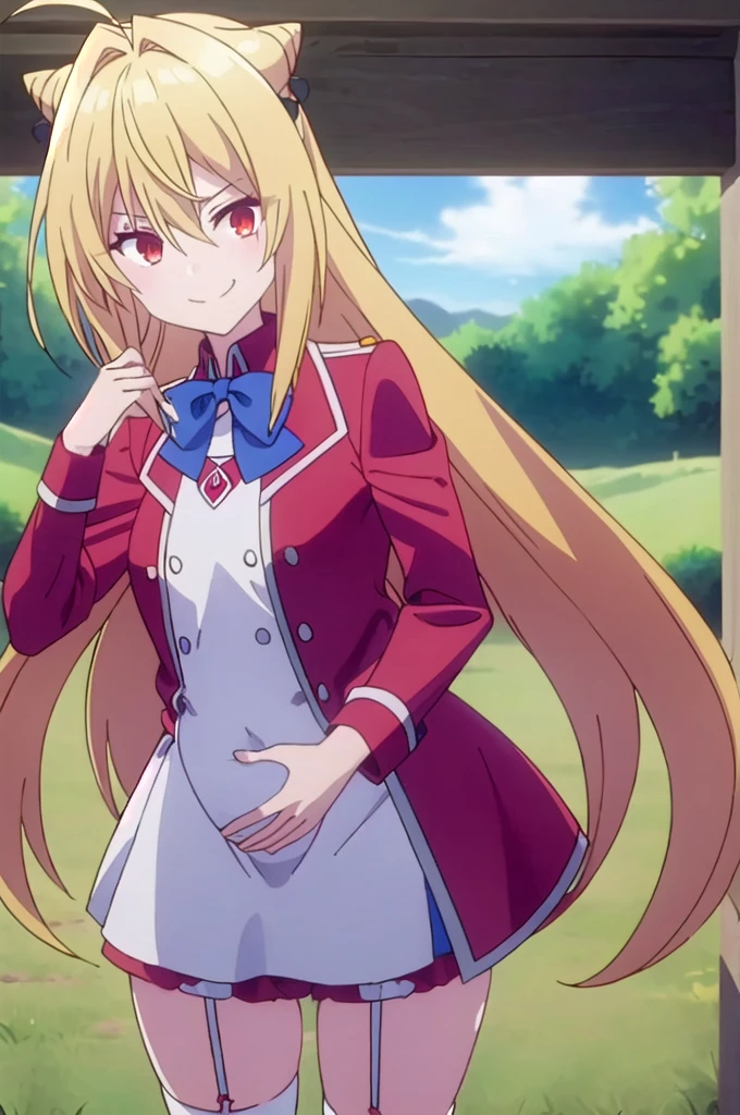 Long Hair, , Blonde, (Red eyes:1.2), Knee socks, very Long Hair, Ahoge, 弓tie, Hair Bun, white ニーソック blue 弓tie, cone Hair Bun, View your viewers, smile, Mouth closed, Outdoor, Highly detailed face, Perfect lighting, (Perfect hands, Perfect Anatomy), white Knee socks, , Are standing, View your viewers, Cowboy Shot, city, Spread your legs naked pregnancy Pregnant women Ahegao Bitch Inviting ejaculation