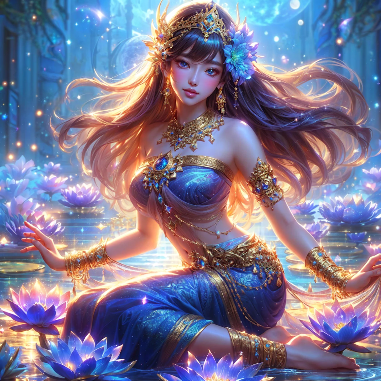 super model woman  , golden crown  , pink mouth ,Dressed in gold, standing in front of a crescent moon., goddess of heaven, goddess of the moon, anime goddess, beautiful heavenly mage, lunar goddess, Moon Goddess, Golden Lotus Princess, Goddess of the Galaxy, Beautiful Fantasy Empress, ((Beautiful Fantasy Empress)), Goddess and Moon, As the sun goddess,, Goddess of space and time ,  , Fine gold jewelry , red diamond , Indian city background