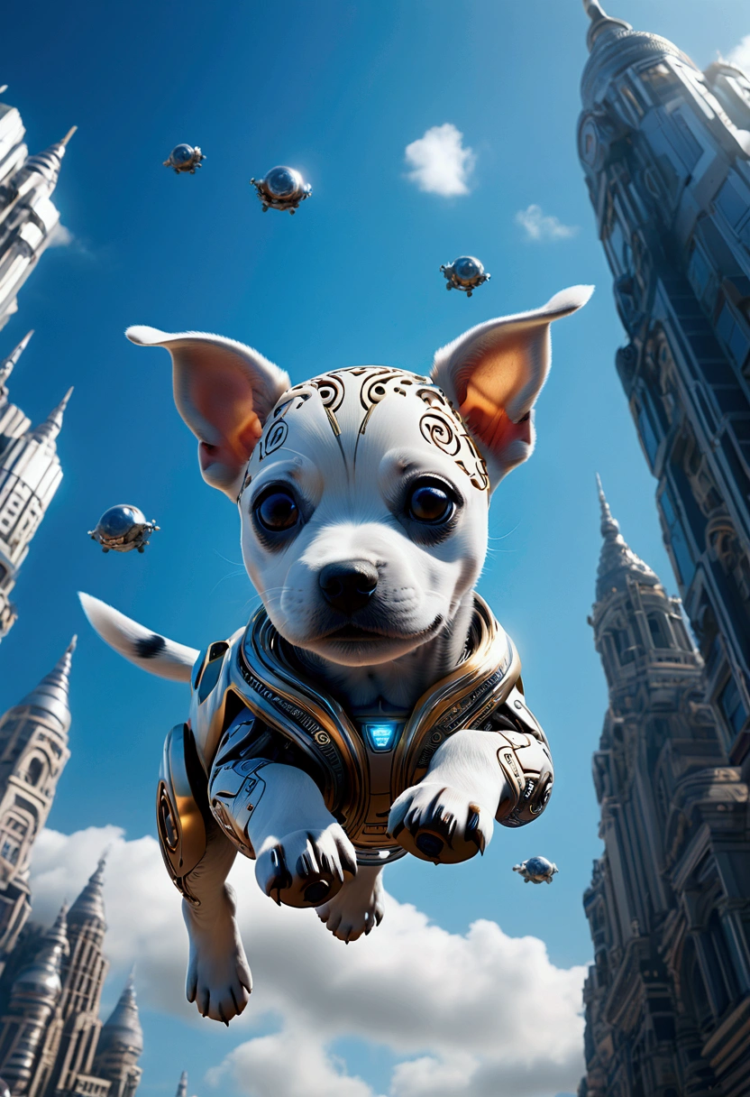 (Flying Puppy), floating on sky, futurist body, robotic, mercuria, cyberpunk realism, android, metal skin, futuristic, sky, with motion blur, photography, cinematic lighting, full body, award-winning, cinematic still, emotional, vignette, dynamic, vivid, (masterpiece, best quality, Professional, perfect composition, very aesthetic, absurdres, ultra-detailed, intricate details:1.3)