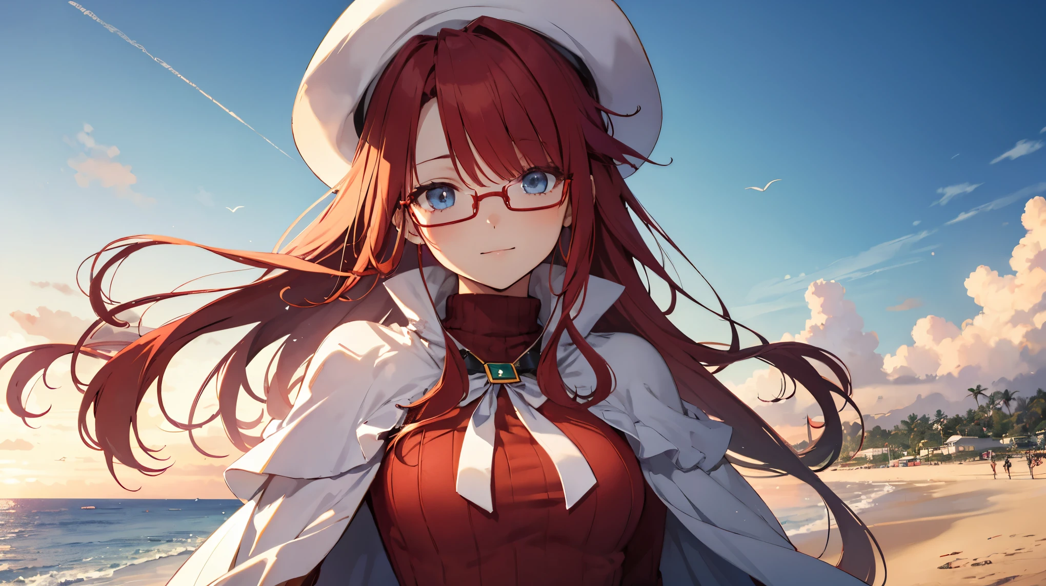 summonnightaty, aty, ),long hair, blue eyes, red hair, big_tits, hat, glasses, BREAK long hair,, hat, dress,glasses, cape, sweater, beret,ribbed sweater,,solo, BREAK outdoors, fantasy, BREAK (masterpiece:1.2), best quality, high resolution, unity 8k wallpaper, (illustration:0.8)), extremely detailed face, perfect lighting, extremely detailed CG, perfect anatomy),covered_nipples,(half_eyes:1.2),(sleepy_eyes:1.2),red_sweater,magical_effect,,Smile,solo,beach_sky_landscape,night_sky,solo,portrait,bust up,
