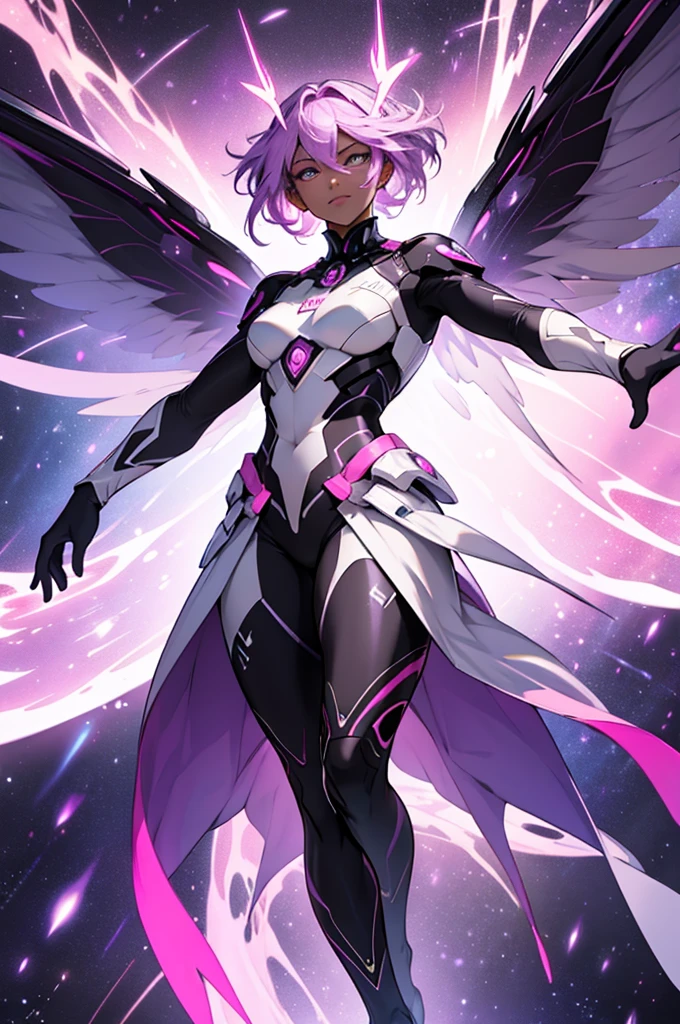 charachter. Powerful with purple and pink transparent wings. Black face and bright eyes overshadowing the face. Open arms and overlapping feet. Galaxies background.