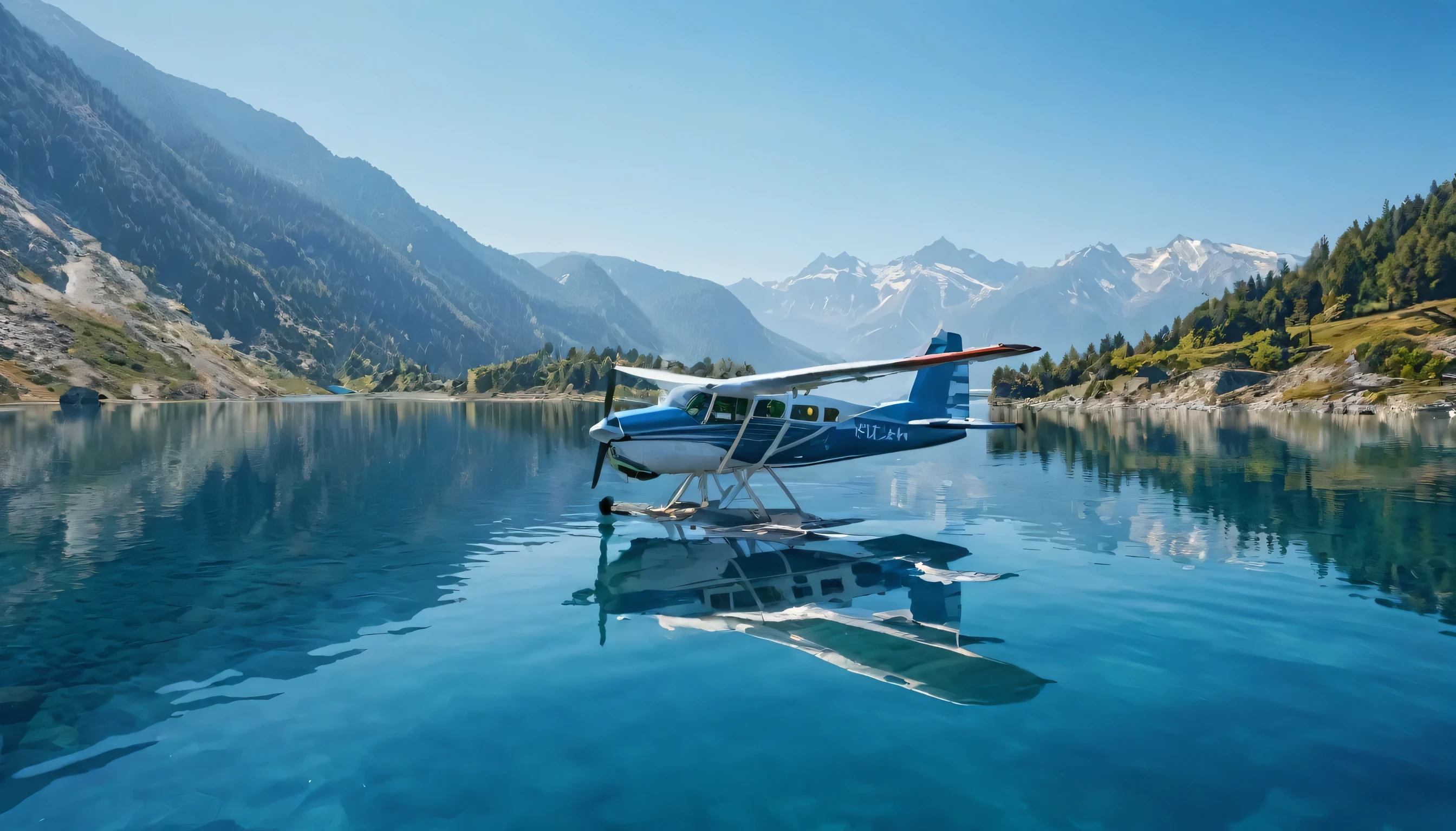 Photo a blue round transparent clear lake against the background of mountains with a propeller plane flying by in sunny weather 8 k