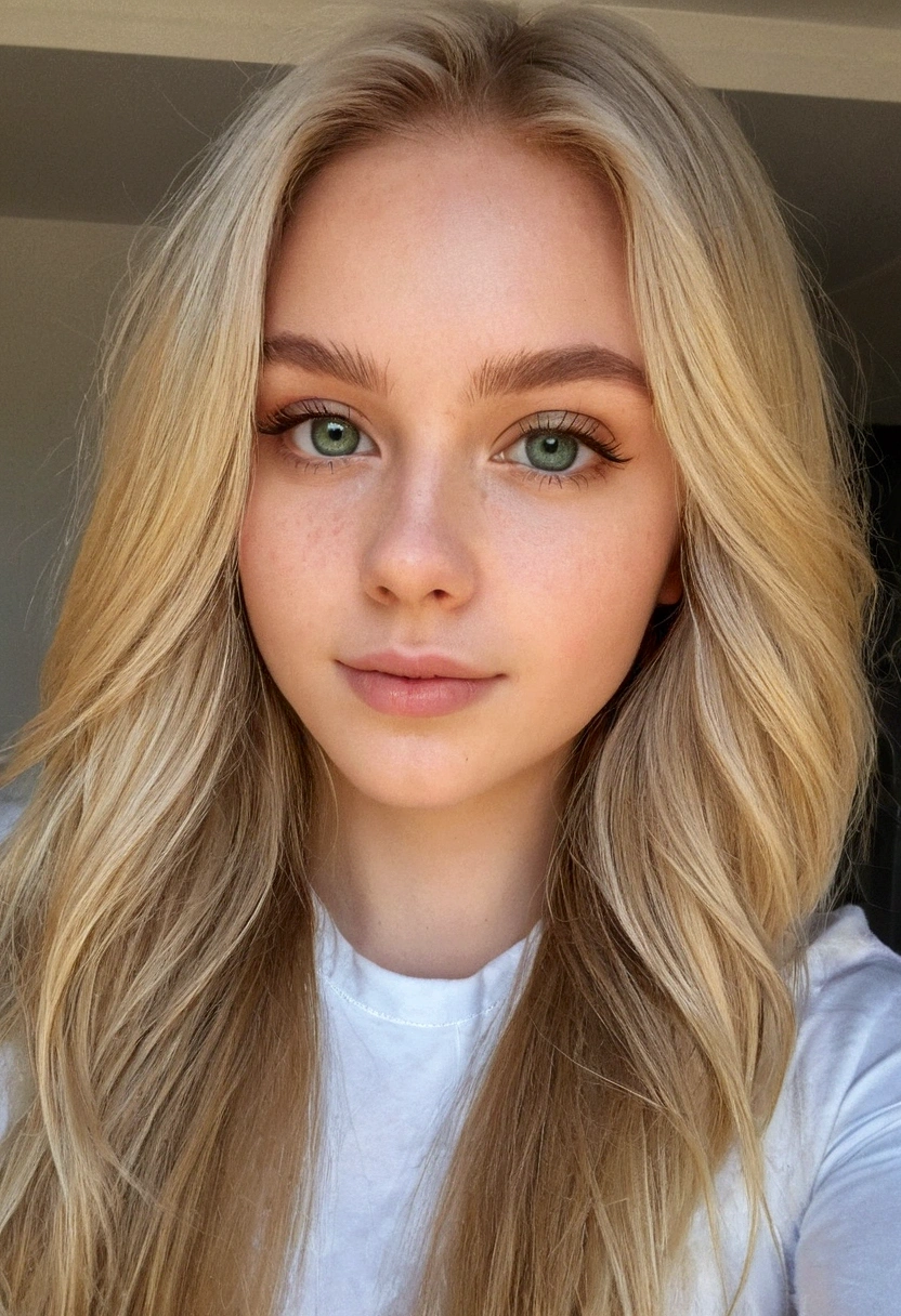 une belle fille blonde de 20 ans aux yeux verts, longs cheveux blonds, sitting on her lit, prendre une jolie photo de selfie, proportion parfaite du corps, porter un haut et une jupe, traits du visage détaillés, une peau impeccable, éclairage naturel, tons chauds, 1fille, Visage détaillé, chef-d&#39;œuvre, yeux détaillés, lèvres détaillées, belle peau, éclairage naturel, Couleurs chaudes, litroom, lit, iPhone, photo de selfie