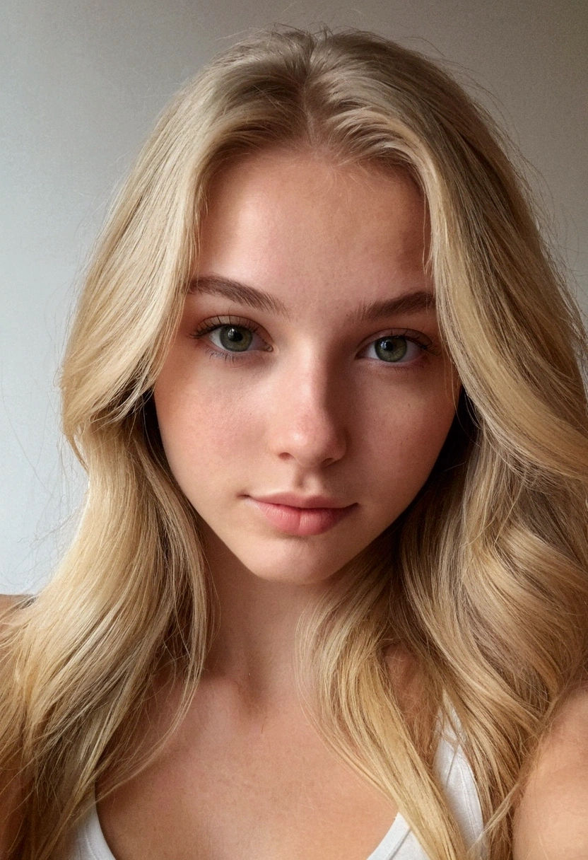 une belle fille blonde de 20 ans aux yeux verts, longs cheveux blonds, sitting on her lit, prendre une jolie photo de selfie, proportion parfaite du corps, porter un haut et une jupe, traits du visage détaillés, une peau impeccable, éclairage naturel, tons chauds, 1fille, Visage détaillé, chef-d'œuvre, yeux détaillés, lèvres détaillées, belle peau, éclairage naturel, Couleurs chaudes, litroom, lit, iPhone, photo de selfie