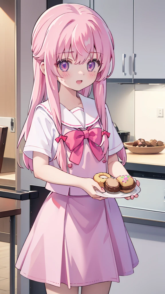 1girl,pink hair, pink eyes with love, detailed eyes, straight hair, straight bangs, shiny hair,
,red bowtie,purple skirt,purple shirt,pleated skirt,short sleeves,looking at the plate with donut she is holding, holding a plate wih donut, smile, laughter , open mouth, kitchen background, high-definition,masterpiece, masterpiece, best quality, high resolution, aabeta, double, standing, slim waist, cute, sailor uniform (PastelColors: 1.3)