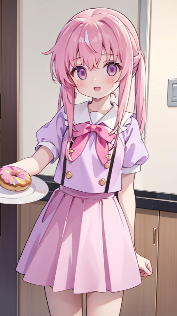 1girl,pink hair, pink eyes with love, detailed eyes, straight hair, straight bangs, shiny hair,
,red bowtie,purple skirt,purple shirt,pleated skirt,short sleeves,looking at the plate with donut she is holding, holding a plate wih donut, smile, laughter , open mouth, kitchen background, high-definition,masterpiece, masterpiece, best quality, high resolution, aabeta, double, standing, slim waist, cute, sailor uniform (PastelColors: 1.3)