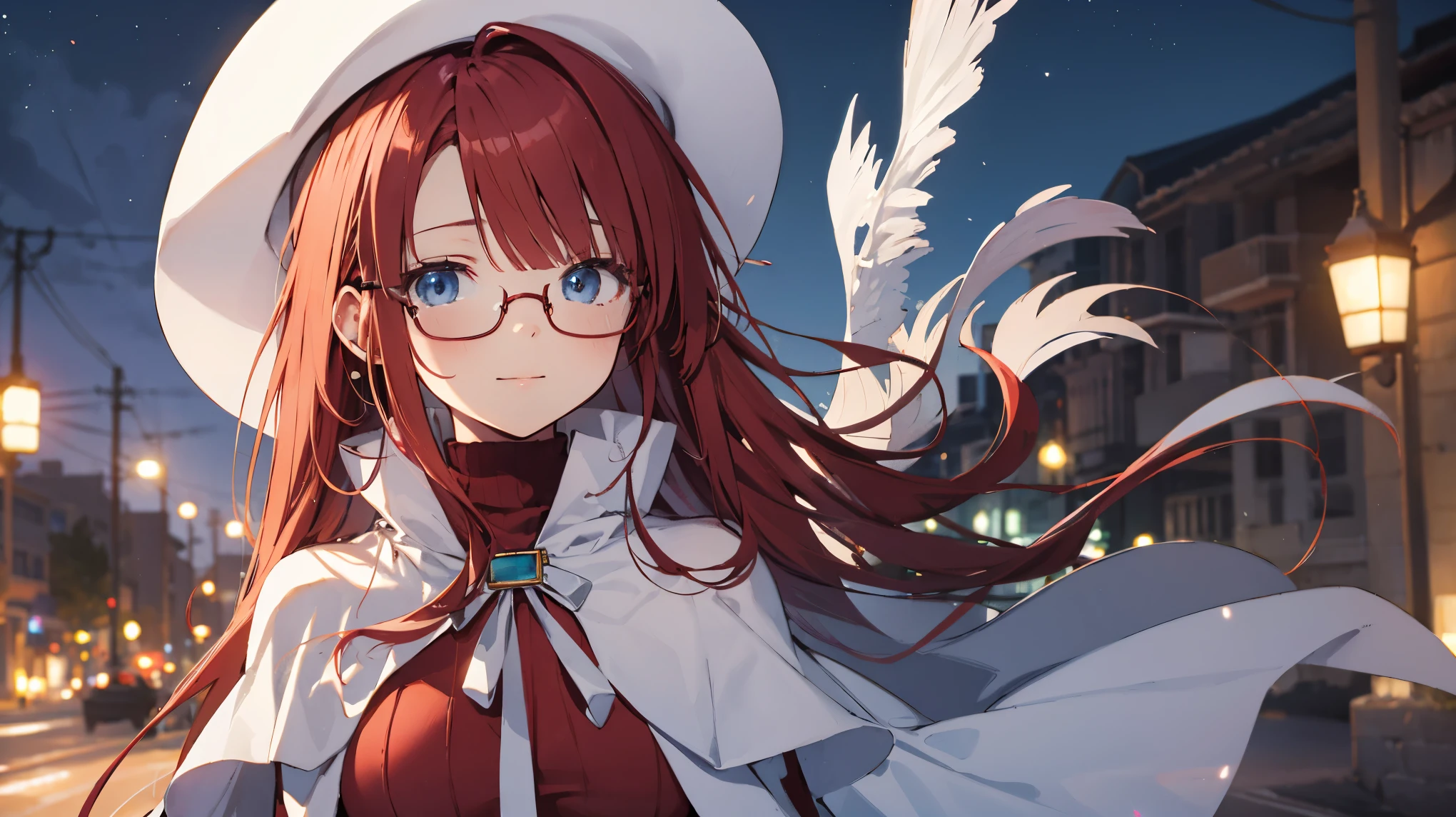 summonnightaty, aty, ),long hair, blue eyes, red hair, big_tits, hat, glasses, BREAK long hair,, hat, dress,glasses, cape, sweater, beret,ribbed sweater,,solo, BREAK outdoors, fantasy, BREAK (masterpiece:1.2), best quality, high resolution, unity 8k wallpaper, (illustration:0.8)), extremely detailed face, perfect lighting, extremely detailed CG, perfect anatomy),covered_nipples,(half_eyes:1.2),(sleepy_eyes:1.2),red_sweater,magical_effect,,Smile,solo,beach_sky_landscape,night_sky,solo,portrait,bust up,
