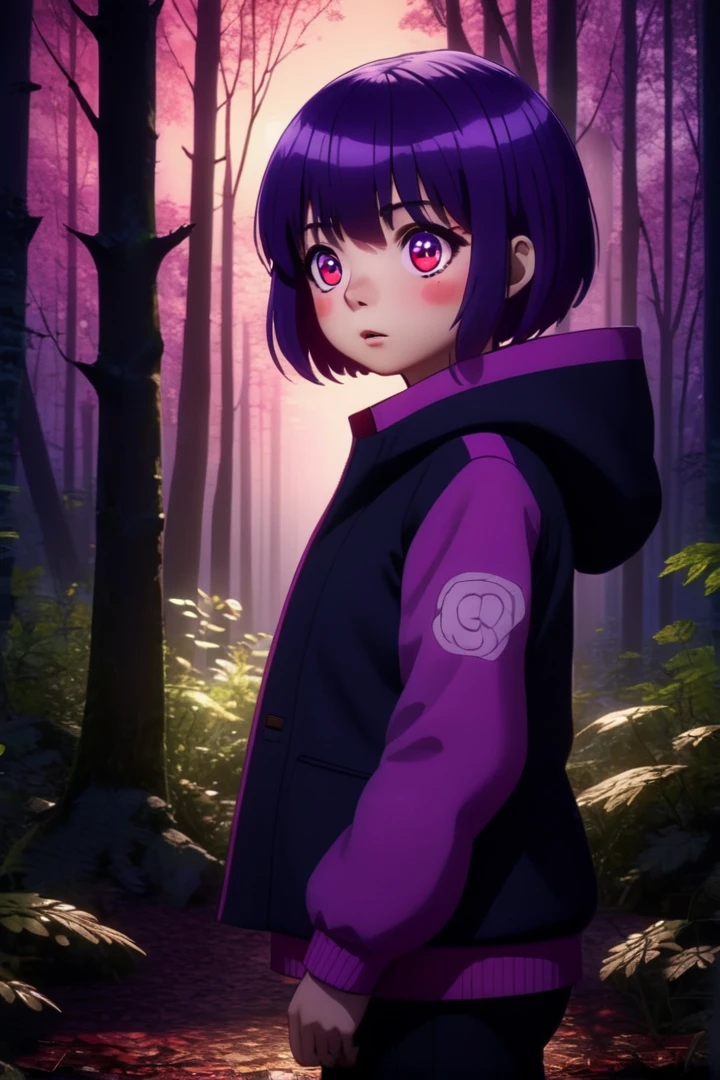 One girl named Yayoi_winter cherry, She has short purple hair with bangs,
Her eyes are red with skill patterns,
She is wearing a long-sleeved jacket and a white shirt.,
She is standing in the woods, Black pants, soft lighting and a detailed environment、Create immersive environments that inspire your imagination。,Highly detailed face, High-quality visuals, Dim lighting, Sharply focused, Octane Rendering, 8K Ultra HD
 