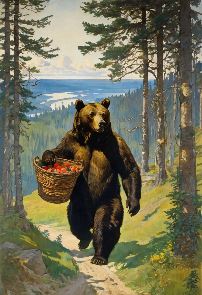 The bear carries a basket on his back, a Masha looks out of the basket, the fairy tale Masha and the Bear, Viktor Vasnetsov, Apollinariy Vasnetsov, Vasnetsov, Mikhail Nesterov, Ivan Bilibin, Russian folk tale, Alexander Ivanov, Ilya Glazunov, based on Viktor Vasnetsov, Wilhelm Bissen, Julius Klinger.