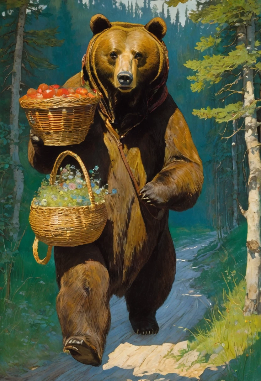 The bear carries a basket on his back, a  Masha looks out of the basket, the fairy tale Masha and the Bear, Viktor Vasnetsov, Apollinariy Vasnetsov, Vasnetsov, Mikhail Nesterov, Ivan Bilibin, Russian folk tale, Alexander Ivanov, Ilya Glazunov, based on Viktor Vasnetsov, Wilhelm Bissen, Julius Klinger.