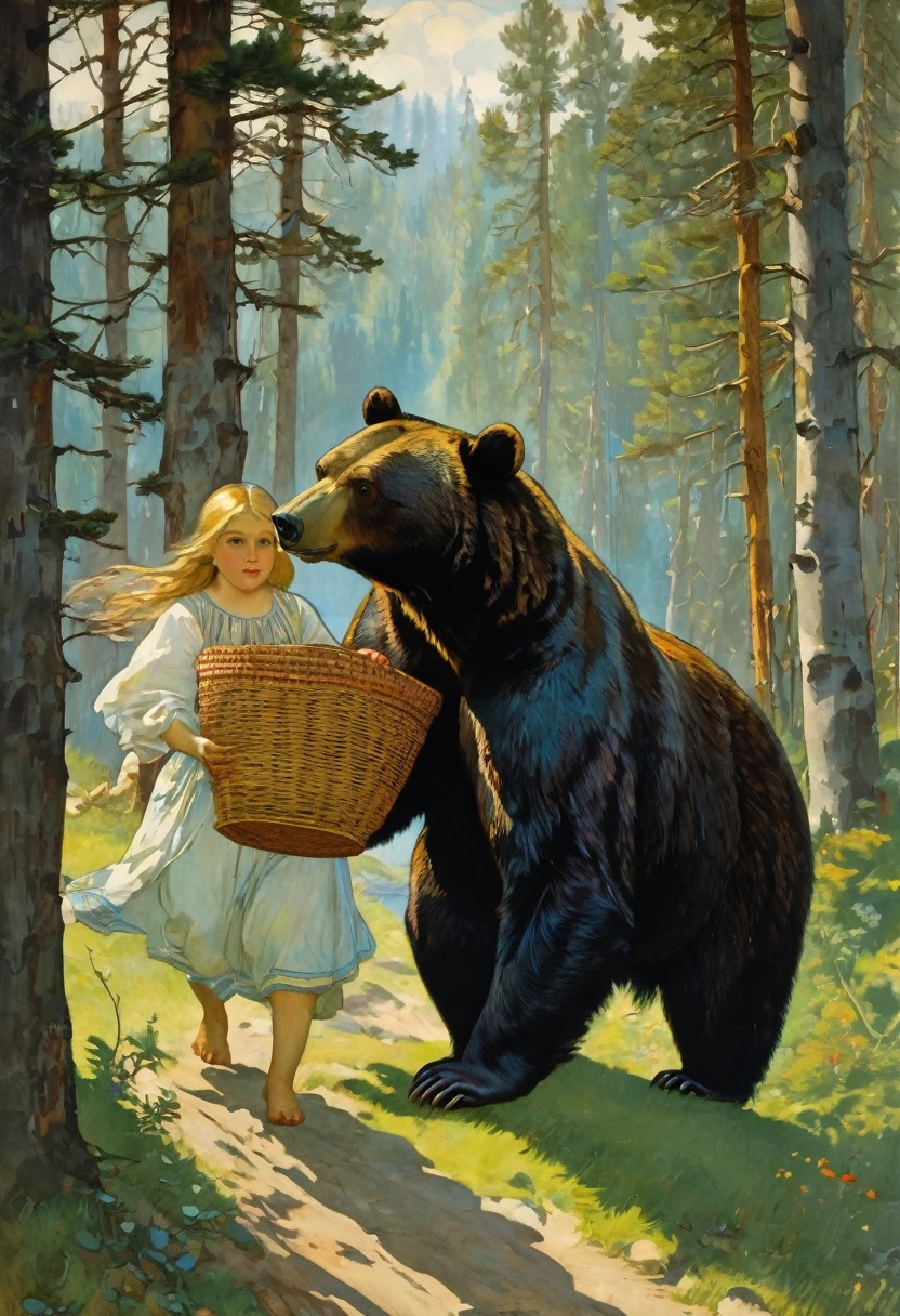 The bear carries a basket on his back, a Masha looks out of the basket, the fairy tale Masha and the Bear, Viktor Vasnetsov, Apollinariy Vasnetsov, Vasnetsov, Mikhail Nesterov, Ivan Bilibin, Russian folk tale, Alexander Ivanov, Ilya Glazunov, based on Viktor Vasnetsov, Wilhelm Bissen, Julius Klinger.