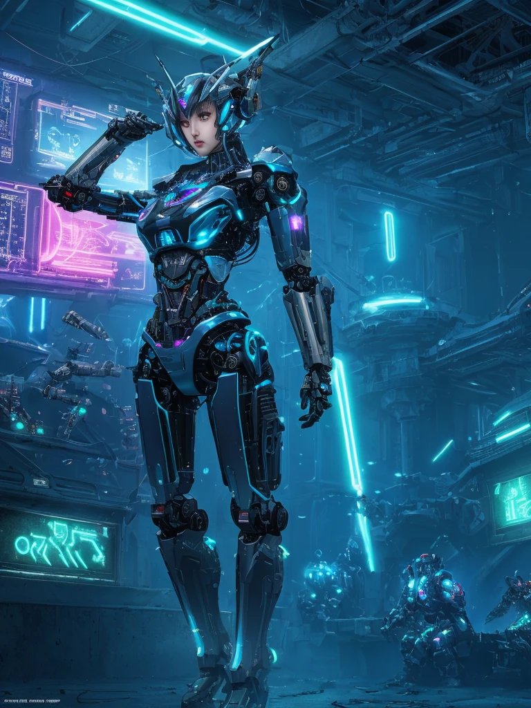 masterpiece,official art,8k, masterpiece, best quality, Very detailed, Futuristic, Dynamic, luminescent, Metallic, Female robot,, , cybernetic world,Mecha:1.2,Energy Wave,thunderclap,High-tech buildings,neon lights,soot.