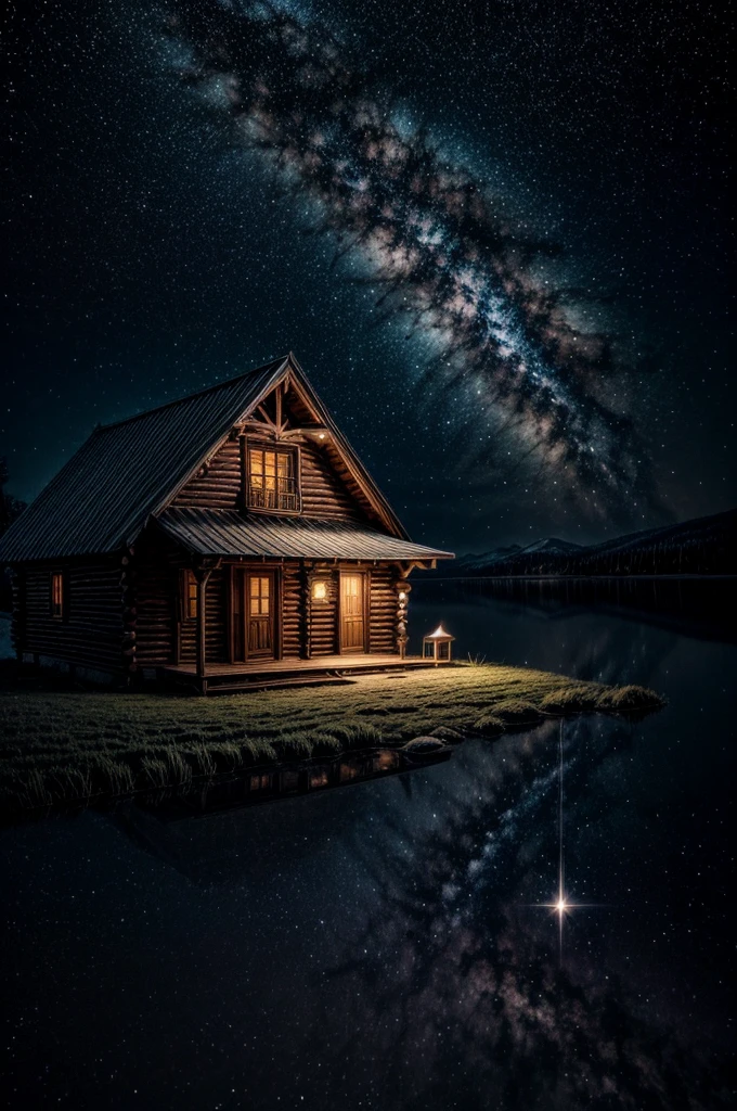 a cabin in a spiritual dimension, floating person in the starry sky, celestial energy aura, ultra-detailed, 8k, hyperrealistic, dramatic lighting, cinematic, epic, mesmerizing, dreamlike, glowing, ethereal, serene, tranquil, mystical, otherworldly