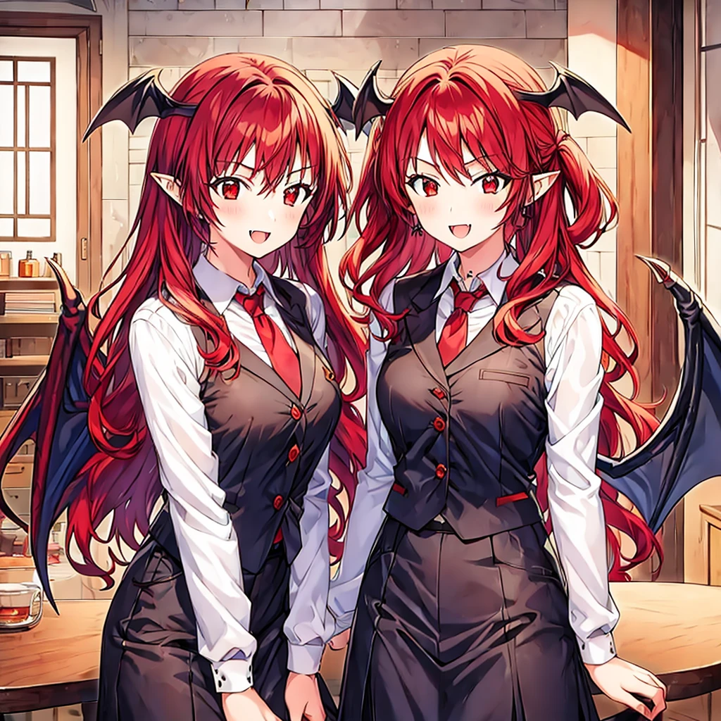 1girls, koakuma, red hair, long hair, ear bats,pointy ears, red eyes, smile, breasts,