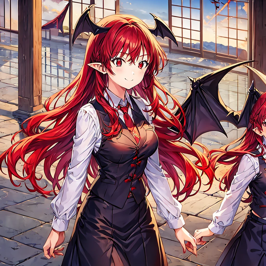 1girls, koakuma, red hair, long hair, ear bats,pointy ears, red eyes, smile, breasts,