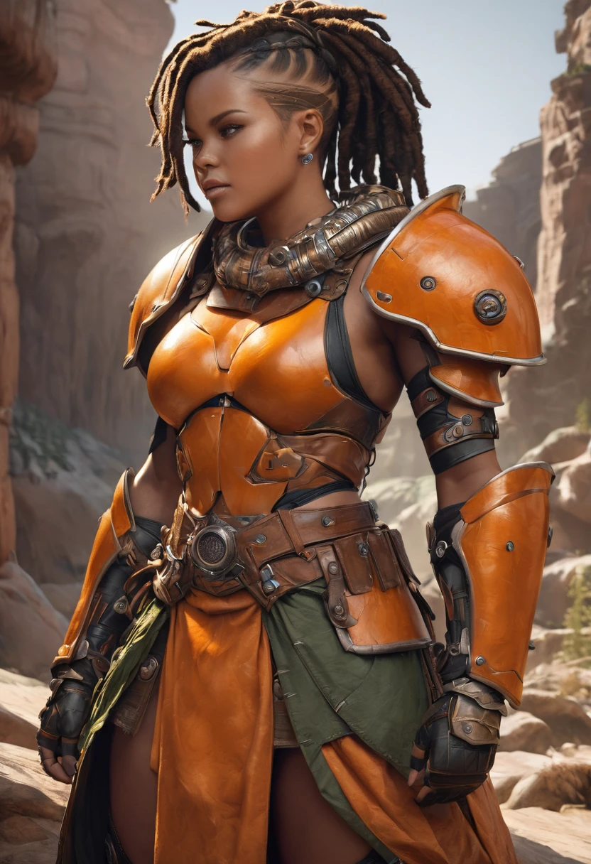 (best quality,4k,8k,highres,masterpiece:1.2), ultra-detailed, (realistic,photorealistic,photo-realistic:1.37),(Numerous award-winning masterpieces, incredibly detailed and textured, maximal resolution and clarity), (Hyper-realistic:1.4), (Realistic:1.3), imagine a high tech barbarian combining futuristic heavy orange power armor with primitive barbaric furs and loin cloth, her outer armor is a bold orange while her inner layers are a dark green. under the armor a dark green layer covers her upper body and arms under the amror. She is a muscular black woman with her short hair pulled back in dreadlocks.