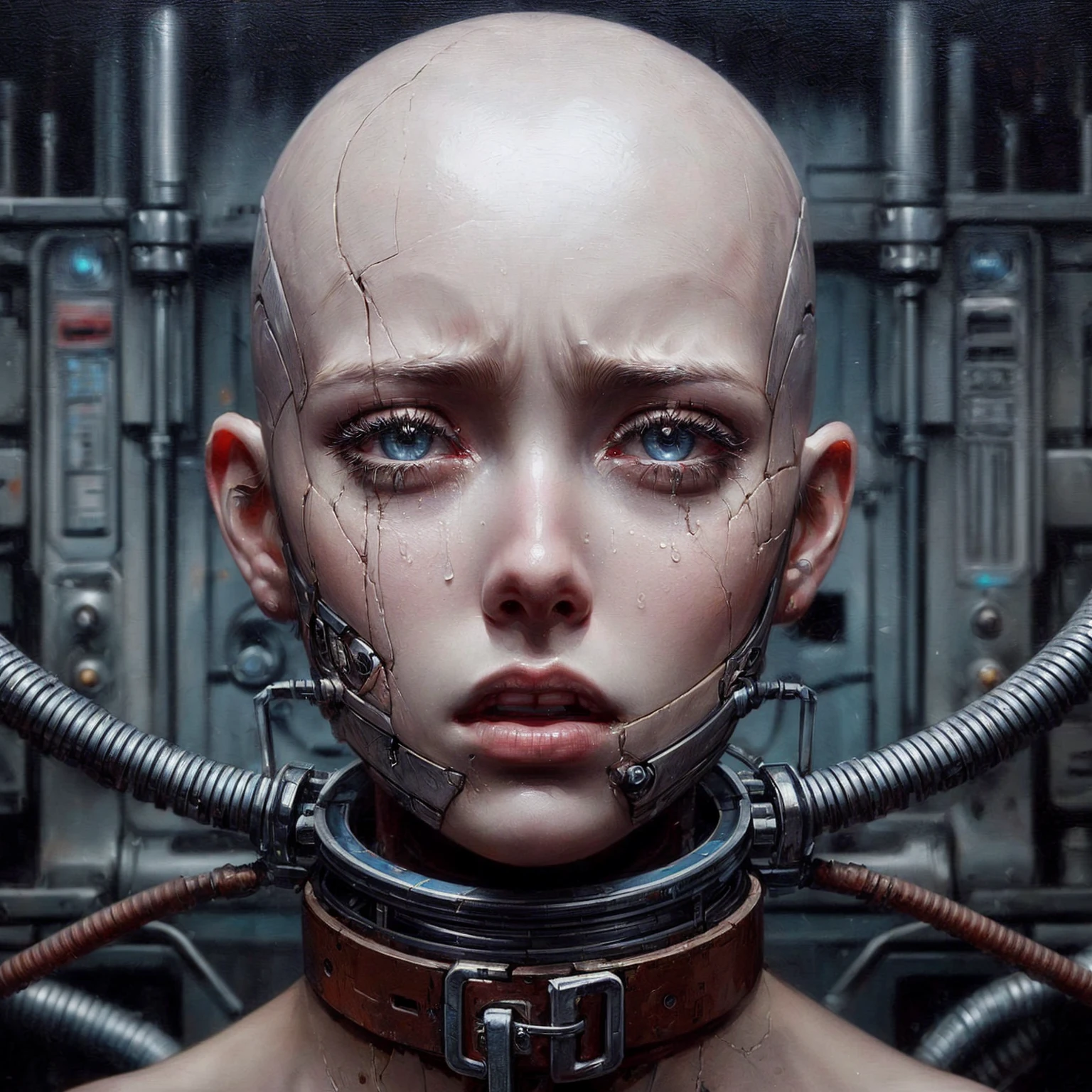 painting of a woman with a bald head and a collar and metal tubes, (sad expression, tears), detailed portrait of a cyborg, beautiful crying female android!, cyborg - girl, beautiful crying! android woman, crying cyborg woman, portrait of an android, crying beautiful female android!, cyborg girl, translucid. biomechanical cyborg, portrait of a cyborg, cracked. biomechanical cyborg