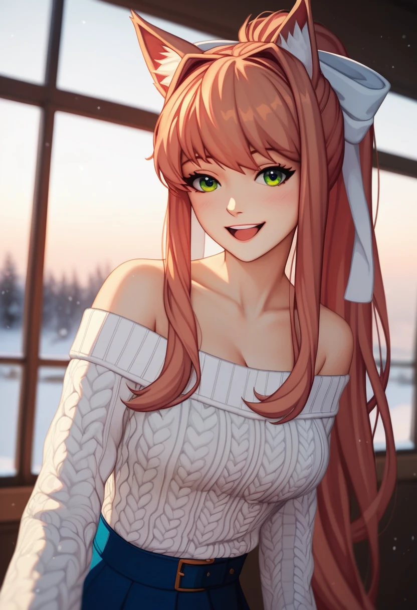 ((masterpiece, best quality:1.2))((coral brown hair))((emerald green eyes)),solo,1girl,monika(doki doki literature club),(standing_fox_ears), (high_stockings), ((winter_clothing)), (neutral pose), (happy face expression), ((close up photo))