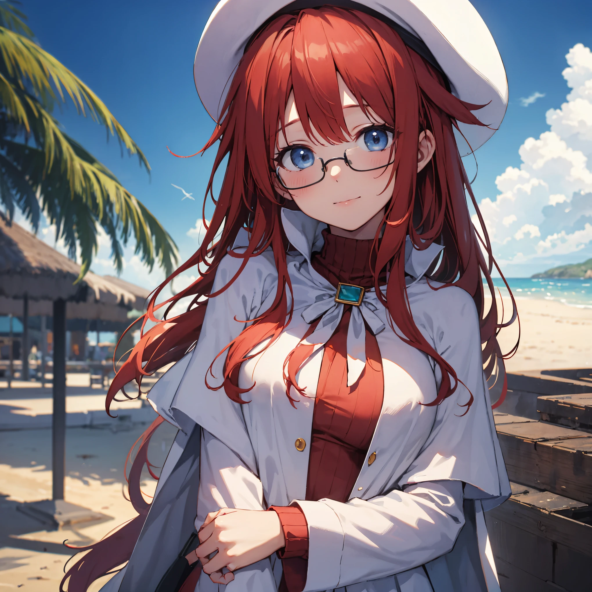 summonnightaty, aty, ),long hair, blue eyes, red hair, big_tits, hat, glasses, BREAK long hair,, hat, dress,glasses, cape, sweater, beret,ribbed sweater,,solo, BREAK outdoors, fantasy, BREAK (masterpiece:1.2), best quality, high resolution, unity 8k wallpaper, (illustration:0.8)), extremely detailed face, perfect lighting, extremely detailed CG, perfect anatomy),covered_nipples,(half_eyes:1.2),(sleepy_eyes:1.2),red_sweater,magical_effect,,Smile,solo,beach_sky_landscape,night_sky,solo,portrait,bust up,
